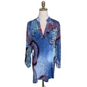BETSEY RED COUTURE Tunic Top Plus Size 1X Blue Red Mixed Media Roll Tab Sleeves